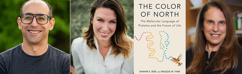 Headshots of Shahir Rizk, Maggie Fink, and Pamela Silver, cover of "The Color of North"