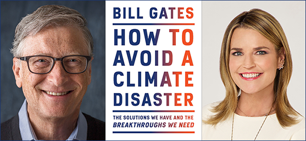 Bill Gates photo and cover of his book; photo of Savannah Guthrie